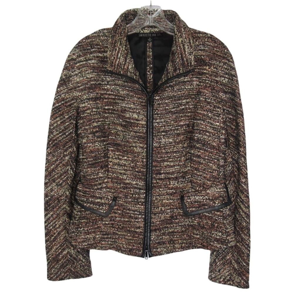 LAFAYETTE 148 NY Brown Tweed Zip Front Evening Jacket Faux Leather Trim Size 4